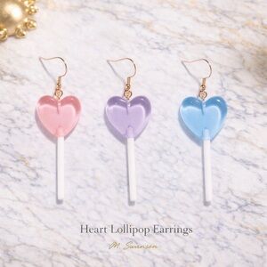 NEW Heart Candy Lollipop Drop Earrings – Lightweight – Pink, Purple, or Blue